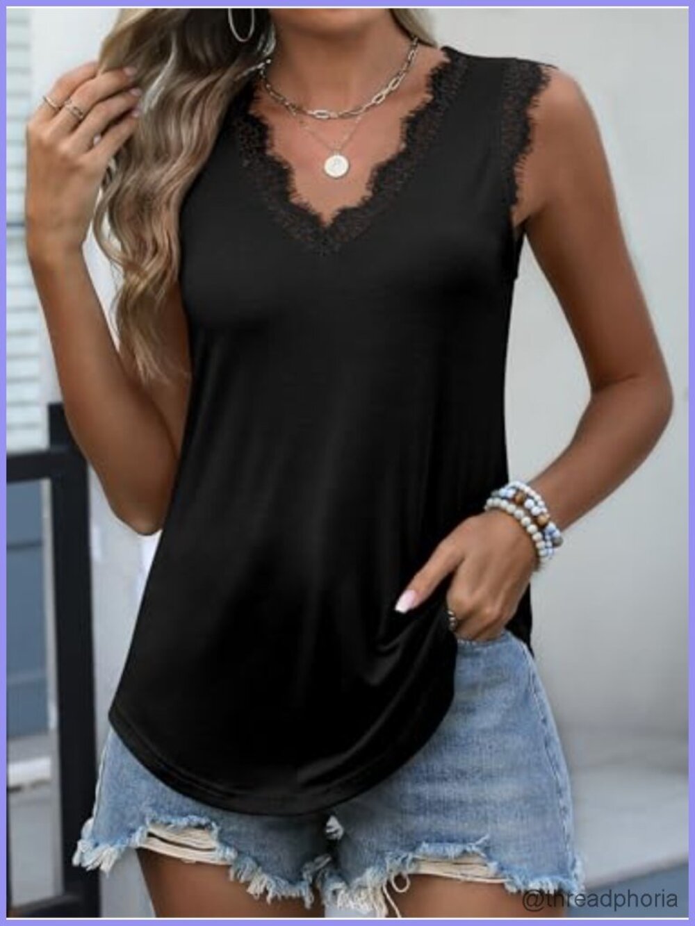 Fitted V-Neck Lace Trim Tank Top Sleeveless Pull On Women's Summer Knit Cami - Picture 2 of 6